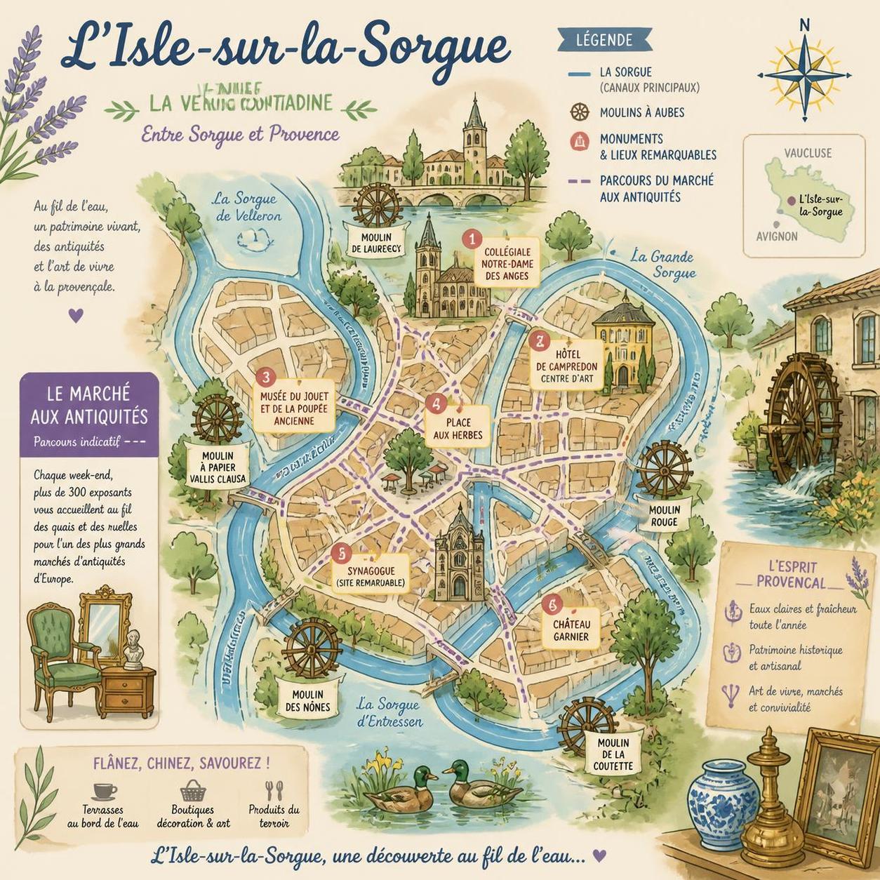 découvrez l'isle-sur-la-sorgue, la venise provençale, célèbre pour ses canaux pittoresques et ses brocantes authentiques, un charme unique au cœur de la provence.