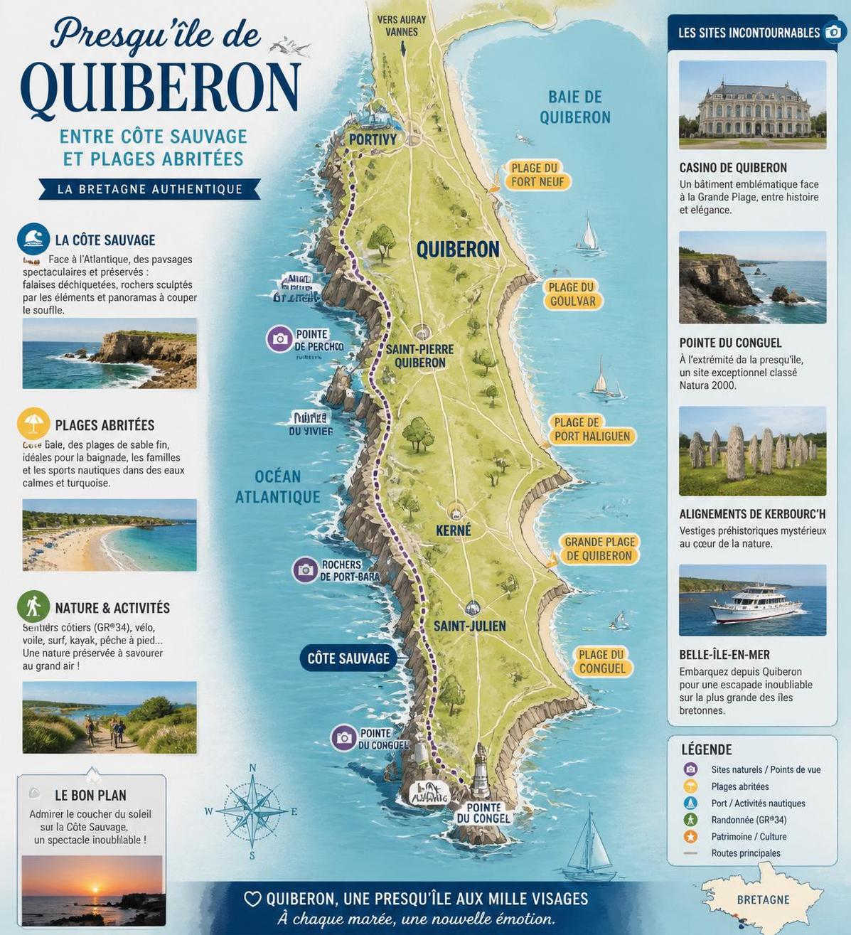 dĂ©couvrez la presqu'Ăźle de quiberon, un Ă©crin breton oĂč la cĂŽte sauvage rencontre des plages abritĂ©es, pour des paysages Ă couper le souffle et des moments de dĂ©tente inoubliables.