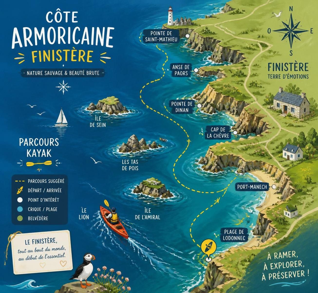 découvrez le finistÚre en kayak de mer et admirez la façade armoricaine depuis le large, une perspective unique que la cÎte ne révÚle pas.