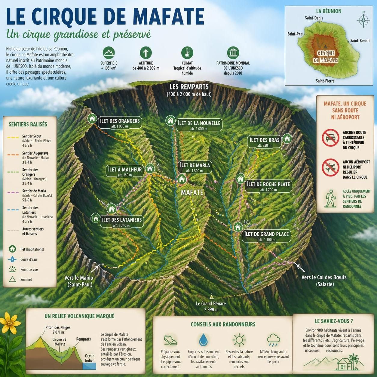 découvrez le cirque de mafate à la réunion, un lieu isolé et authentique inaccessible par avion, offrant des paysages spectaculaires loin des plages.