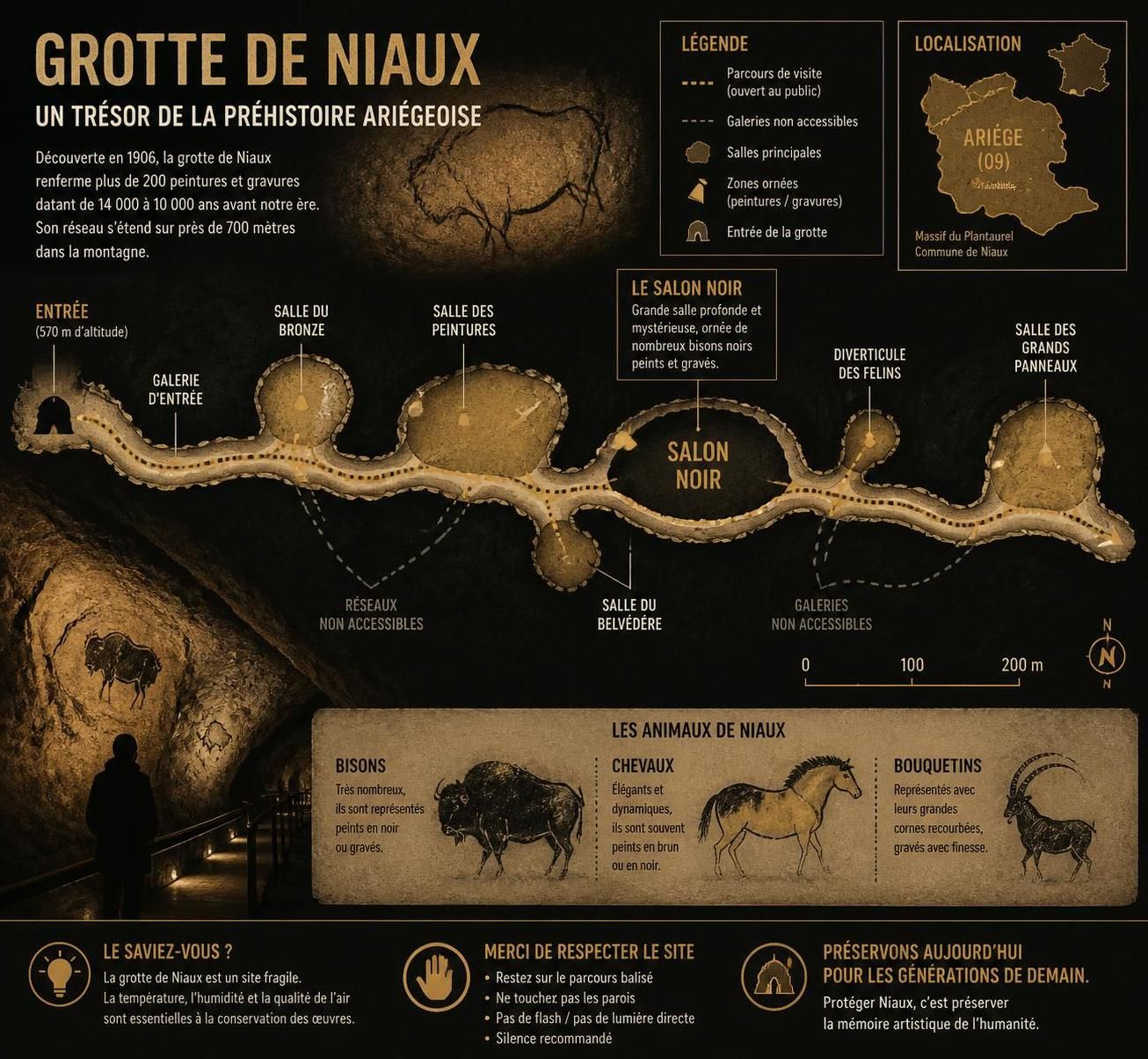 explorez la grotte de niaux dans les pyrénées ariégeoises et plongez au cœur de l'époque magdalénienne grâce à ses impressionnantes peintures préhistoriques.