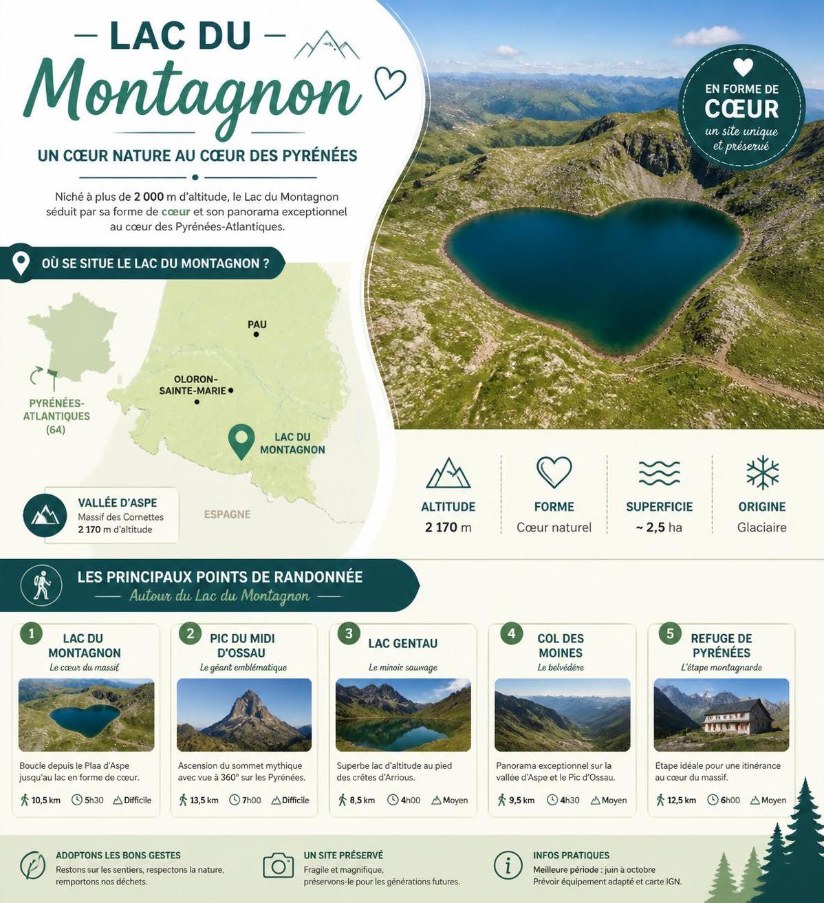 découvrez le lac du montagnon, le lac en forme de cœur des pyrénées béarnaises, un lieu paisible à explorer avant l'arrivée des touristes.