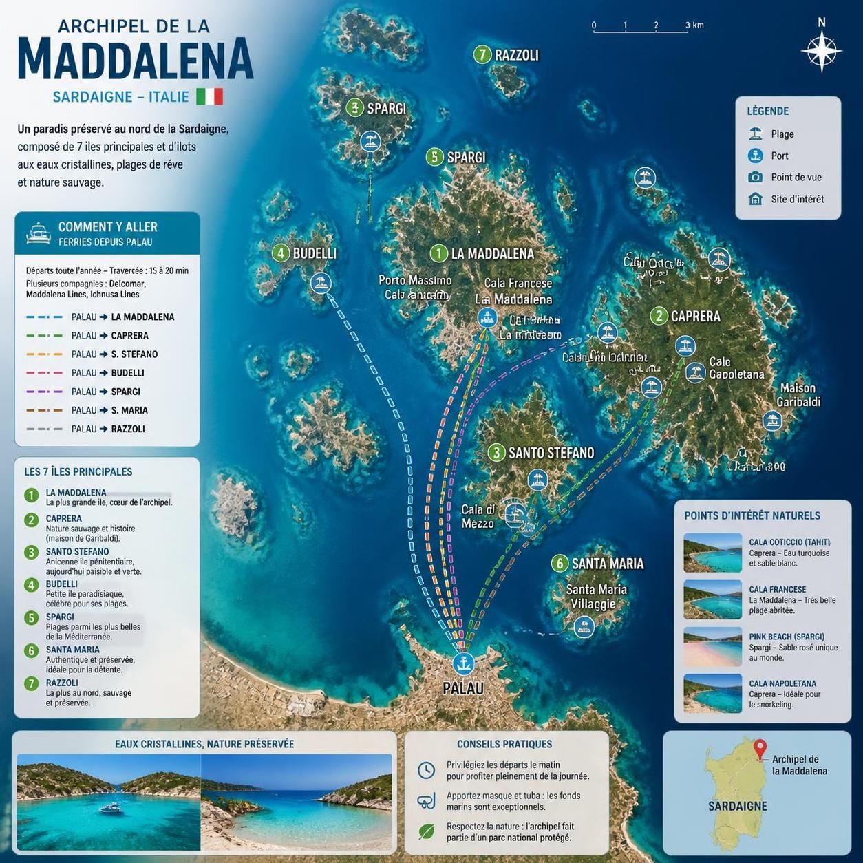 dĂ©couvrez l'archipel de la maddalena, un joyau de la sardaigne que le ferry d'olbia longe sans jamais s'arrĂȘter. explorez ces Ăźles paradisiaques aux eaux cristallines et aux paysages prĂ©servĂ©s.