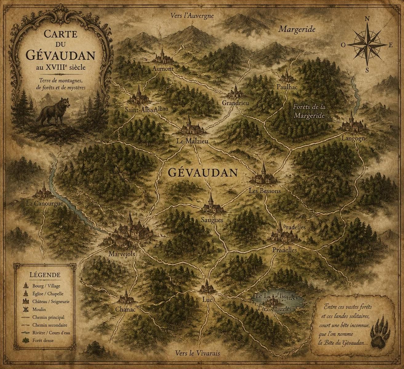 dĂ©couvrez le mystĂšre du gĂ©vaudan et de la bĂȘte, une aventure captivante entre forĂȘts oubliĂ©es et villages discrets, Ă la recherche des lĂ©gendes et secrets d'un territoire enchanteur.