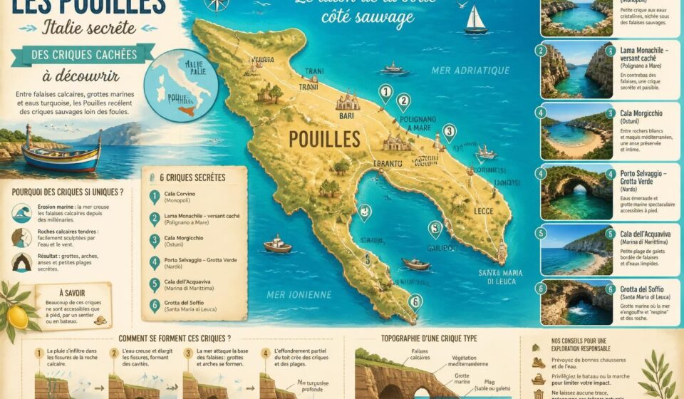 découvrez les pouilles et ses criques secrètes, un véritable trésor méconnu de l'italie du sud, situé au talon de la botte. plages préservées, villages pittoresques et authenticité vous attendent pour une escapade unique.