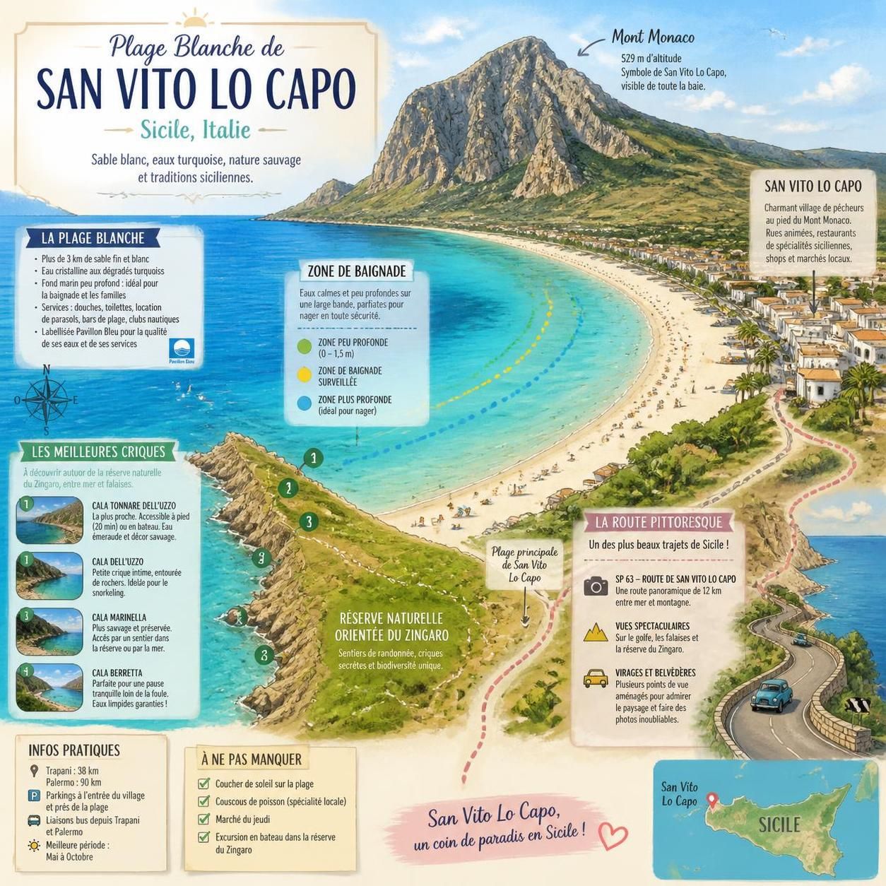 découvrez san vito lo capo, une plage de sable blanc immaculé nichée au bout d'une route sicilienne isolée, un joyau méconnu que les guides touristiques préfèrent éviter.