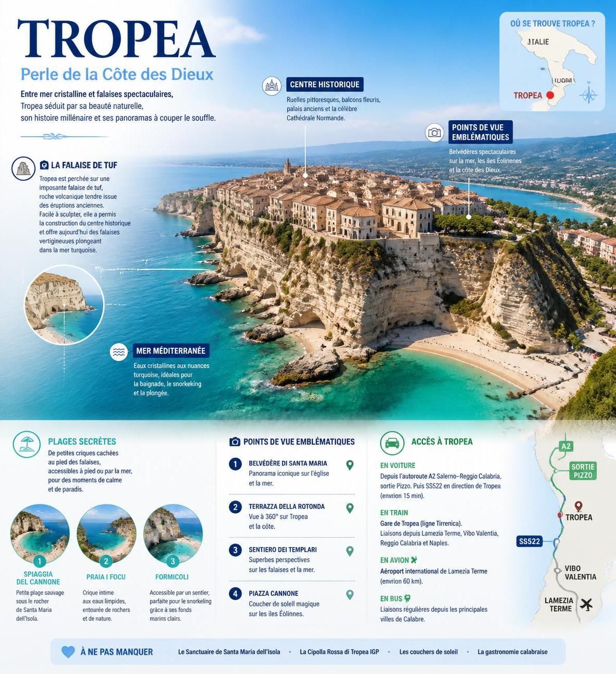 découvrez tropea, la charmante ville italienne perchée sur une falaise de tuf, réputée pour sa beauté spectaculaire et son patrimoine jalousement préservé par les habitants locaux.