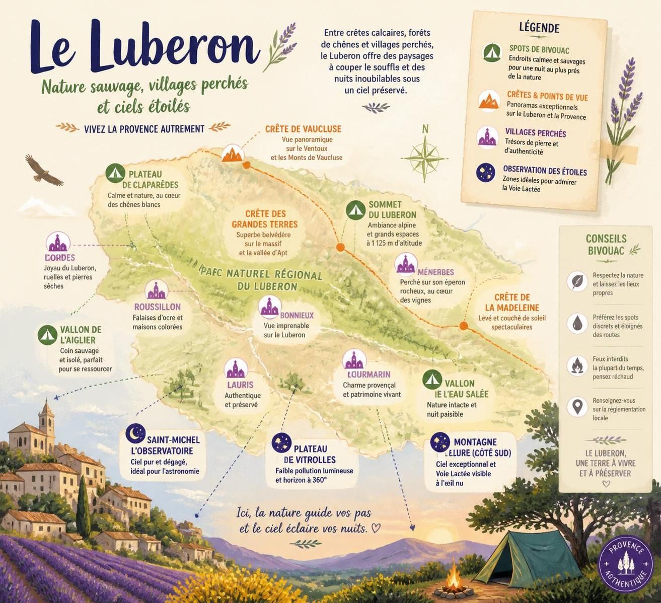découvrez le bivouac sous les étoiles dans le luberon, explorez les crêtes secrètes et vivez des nuits magiques loin des bastides fréquentées.