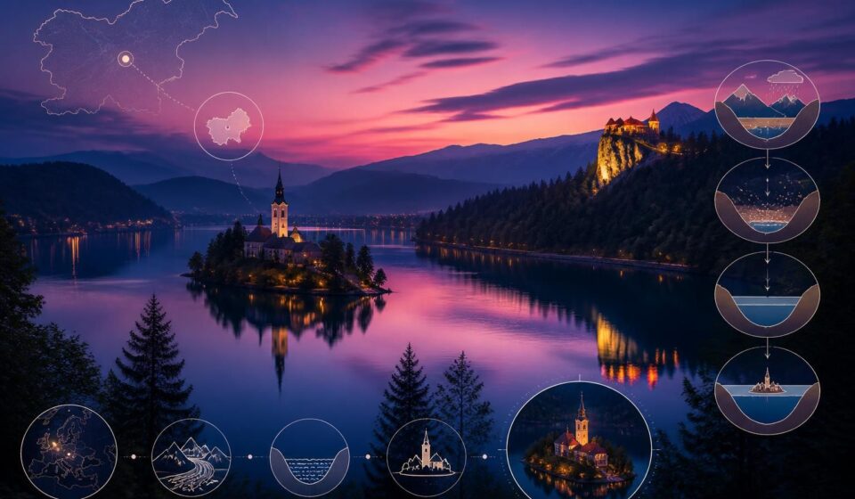 découvrez le charme paisible du lac-château de bled en slovénie après le coucher du soleil, loin de la foule estivale, et profitez d'une ambiance magique au crépuscule.