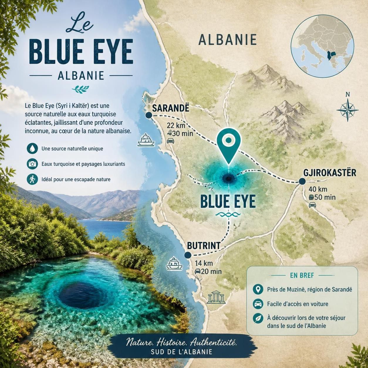 découvrez le blue eye d'albanie, une source turquoise spectaculaire nichée au cœur des gorges, gardée par les villes historiques de butrint et gjirokastër. un site naturel d'une beauté envoûtante à ne pas manquer.