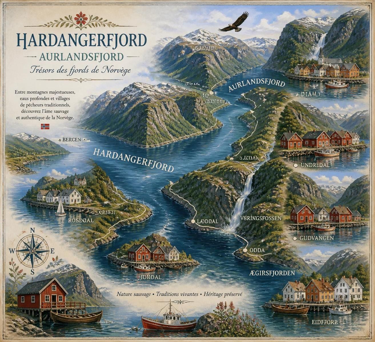découvrez les fjords de norvège hors des sentiers battus : explorez hardangerfjord, aurlandsfjord et leurs villages de pêcheurs authentiques et préservés, loin de la foule des croisières.