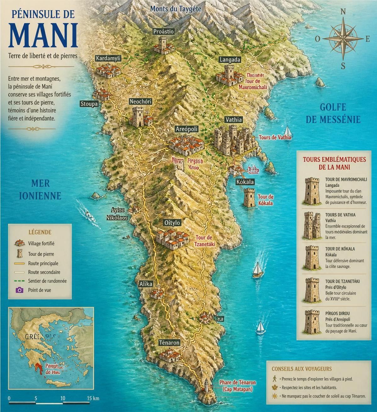 découvrez la péninsule de mani, une région méconnue du péloponnèse célèbre pour ses tours de pierre uniques, loin des sentiers touristiques habituels des croisiéristes.