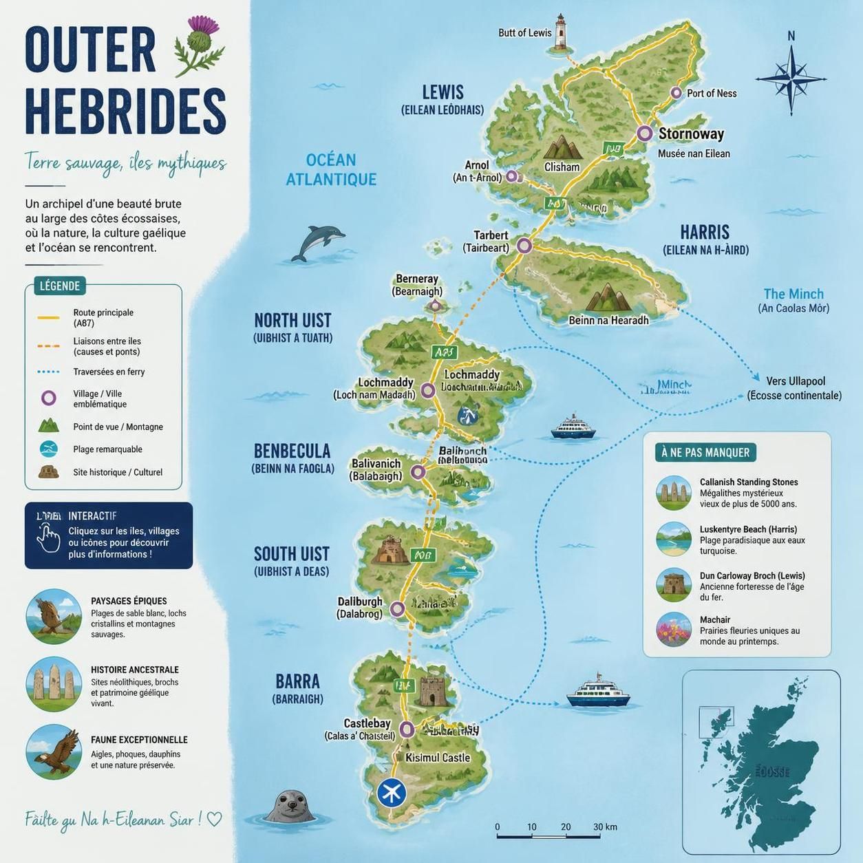 découvrez les outer hebrides en écosse : explorez lewis, harris et les uist, un archipel sauvage et authentique au cœur de l'atlantique, véritable joyau du monde celtique.