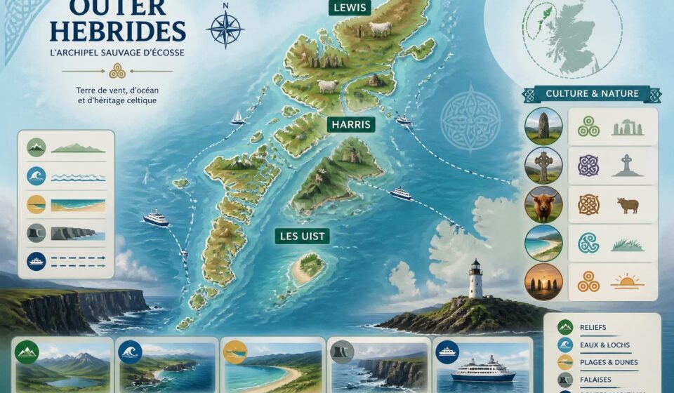 découvrez les outer hebrides en écosse : lewis, harris et les uist, un archipel atlantique fascinant au cœur du monde celtique, riche en paysages sauvages et en culture authentique.