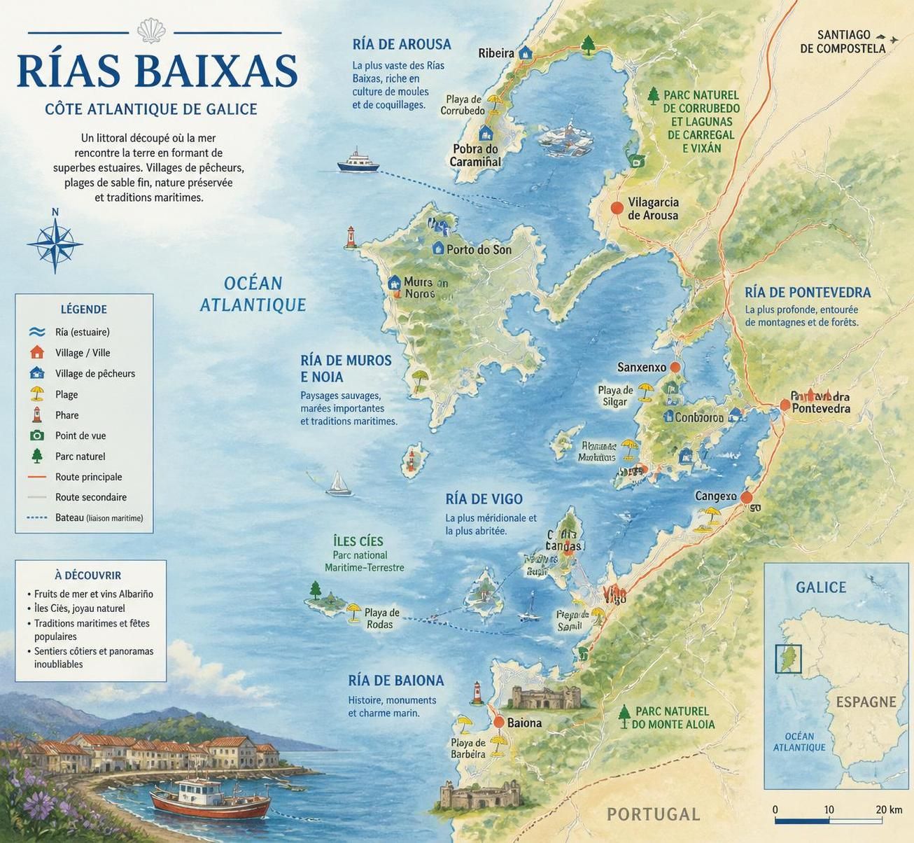 dĂ©couvrez les rĂas baixas, une rĂ©gion mĂ©connue de la cĂŽte atlantique espagnole, secrĂštement apprĂ©ciĂ©e mĂȘme par les galiciens, entre paysages prĂ©servĂ©s et traditions authentiques.