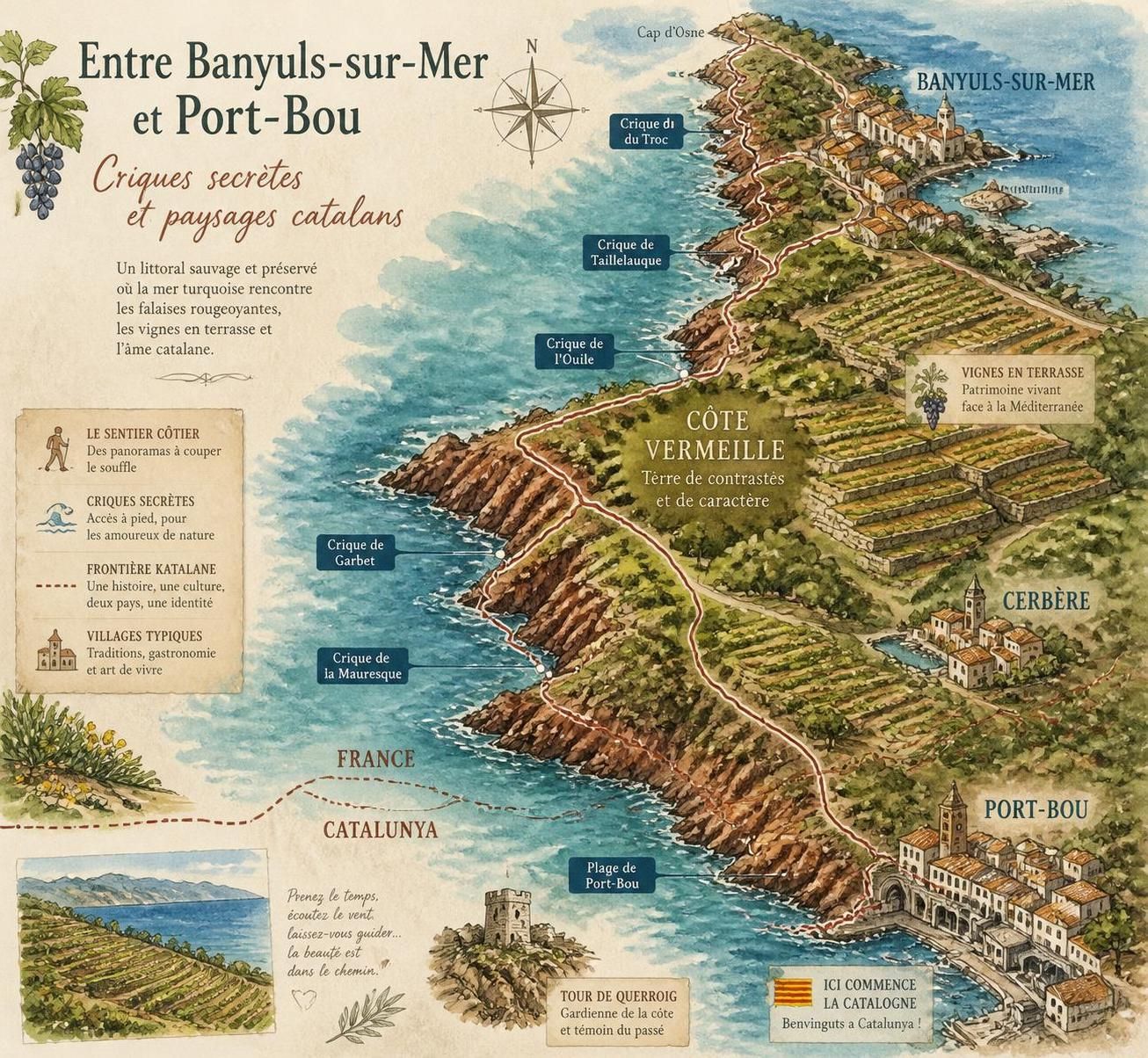 découvrez les criques secrètes de la côte vermeille entre banyuls et port-bou, une frontière catalane préservée accessible uniquement aux marcheurs passionnés.