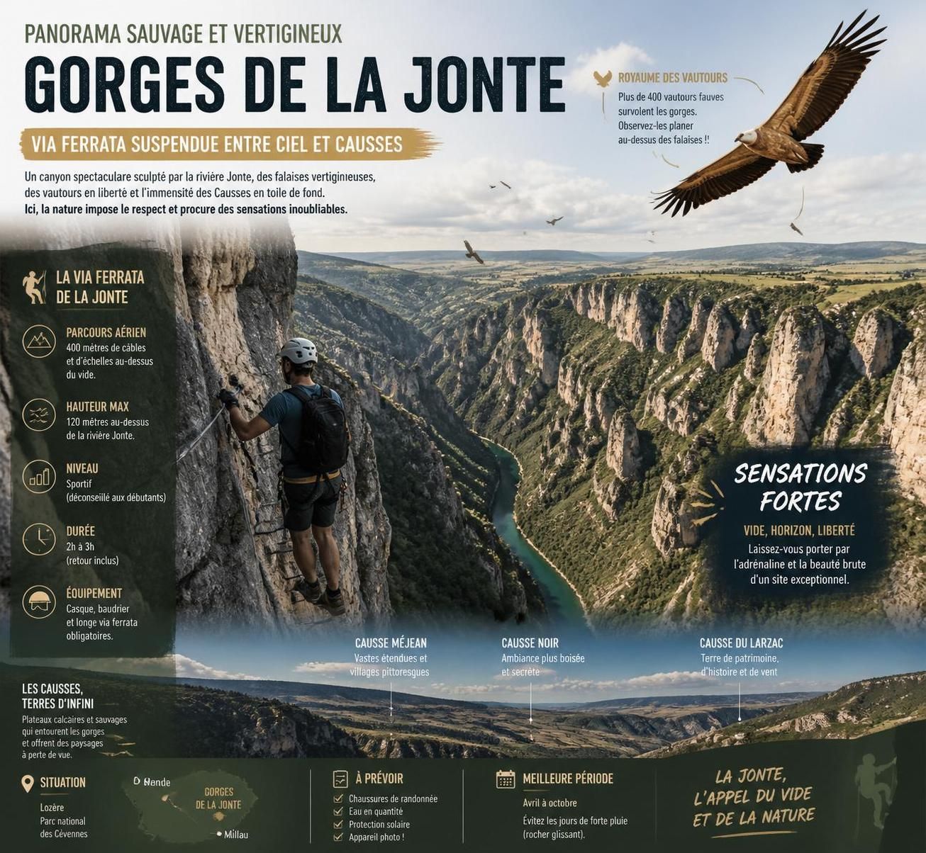 découvrez les gorges de la jonte en lozère à travers une via ferrata spectaculaire, avec les vautours planant au-dessus de vous et les paysages majestueux des causses en contrebas.