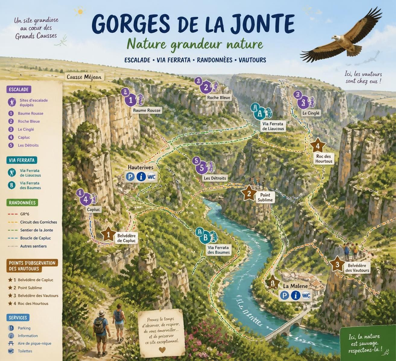 découvrez les gorges de la jonte en lozère via via ferrata, entre vautours majestueux survolant vos têtes et panoramas spectaculaires des causses en contrebas pour une aventure unique.