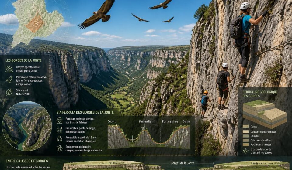 explorez les gorges de la jonte en lozère via la via ferrata, admirez les vautours planant au-dessus et profitez d'une vue spectaculaire sur les causses en contrebas.
