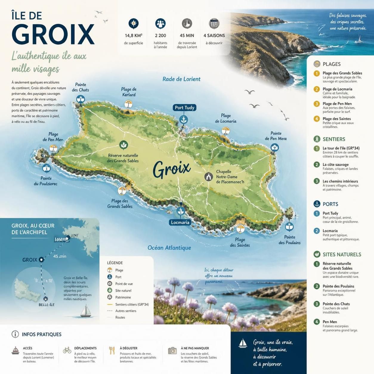 découvrez l'île de groix, voisine de belle-île, qui séduit tous les visiteurs tout en conservant ses mystères et secrets bien gardés.