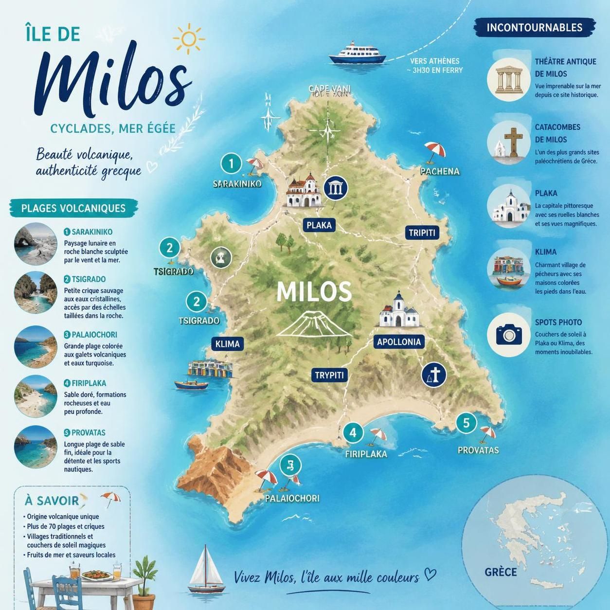 découvrez milos, l'île grecque unique aux plages de cendres volcaniques, un joyau naturel sur la route des ferries de santorin, idéale pour des escapades authentiques et pittoresques.