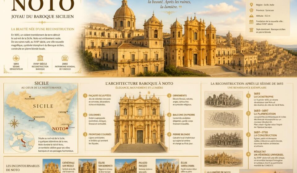 découvrez noto, joyau du baroque sicilien en pierre blonde, reconstruite avec splendeur après le séisme de 1693, loin de l'agitation des groupes matinaux.