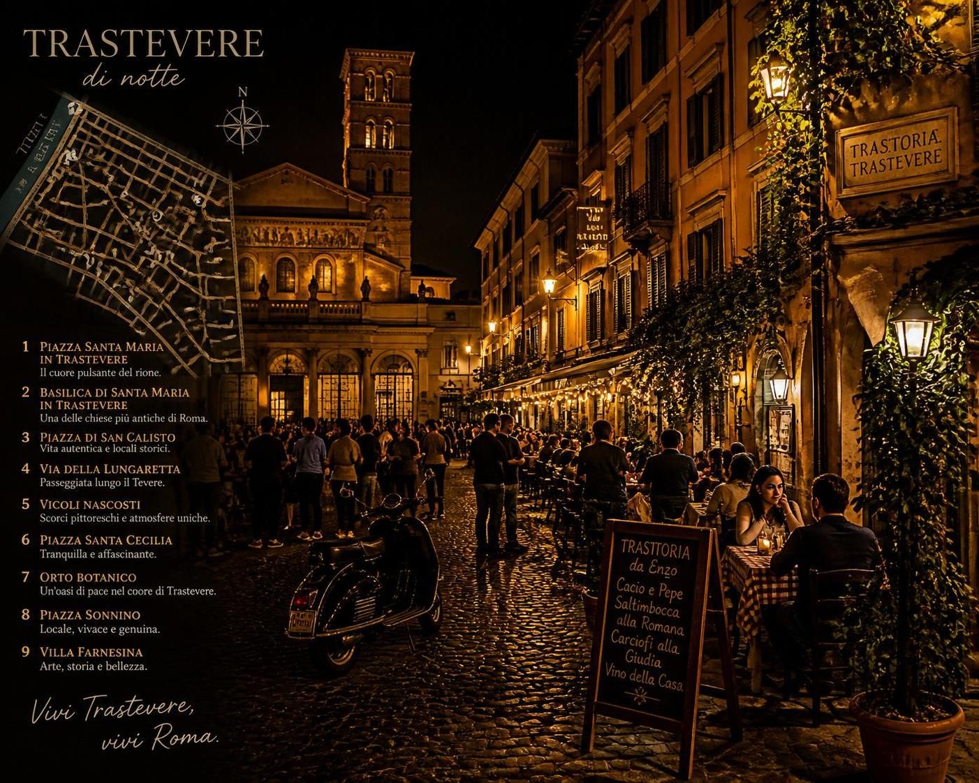 découvrez trastevere à rome, l'essence authentique du quartier après 21 heures, loin des foules et des selfies, pour une expérience nocturne unique et authentique.