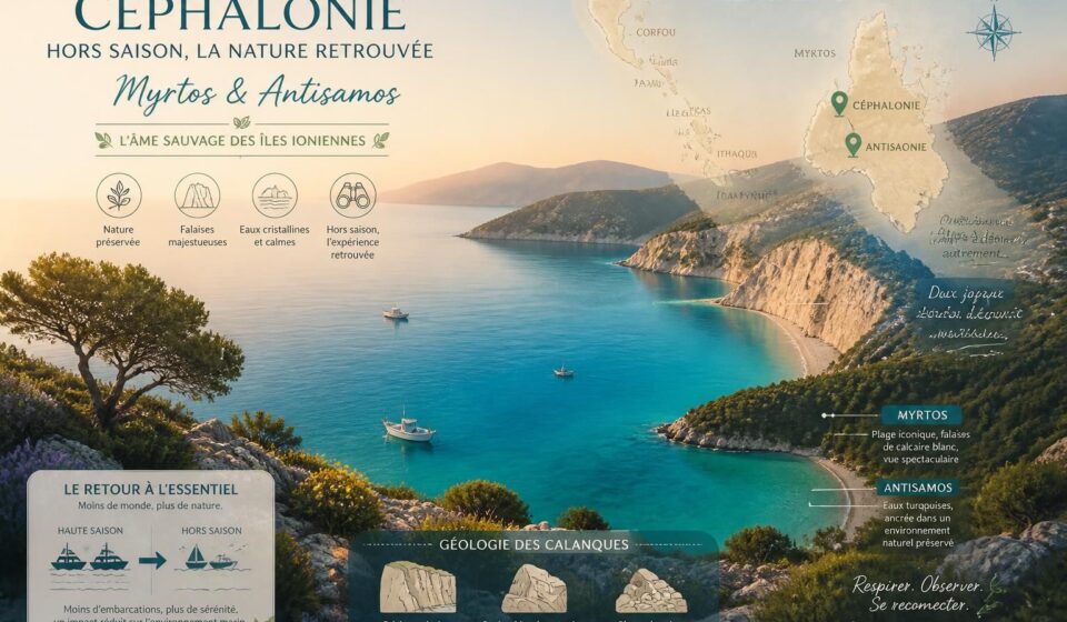 découvrez céphalonie hors saison avec les calanques de myrtos et d'antisamos, paisibles et splendides après le départ des yachts de charter, pour un séjour authentique et dépaysant.