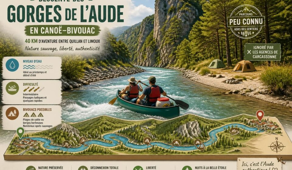 explorez les 40 km méconnus des gorges de l'aude en canoë-bivouac, de quillan à limoux, un itinéraire inédit que les agences de carcassonne ne proposent pas.