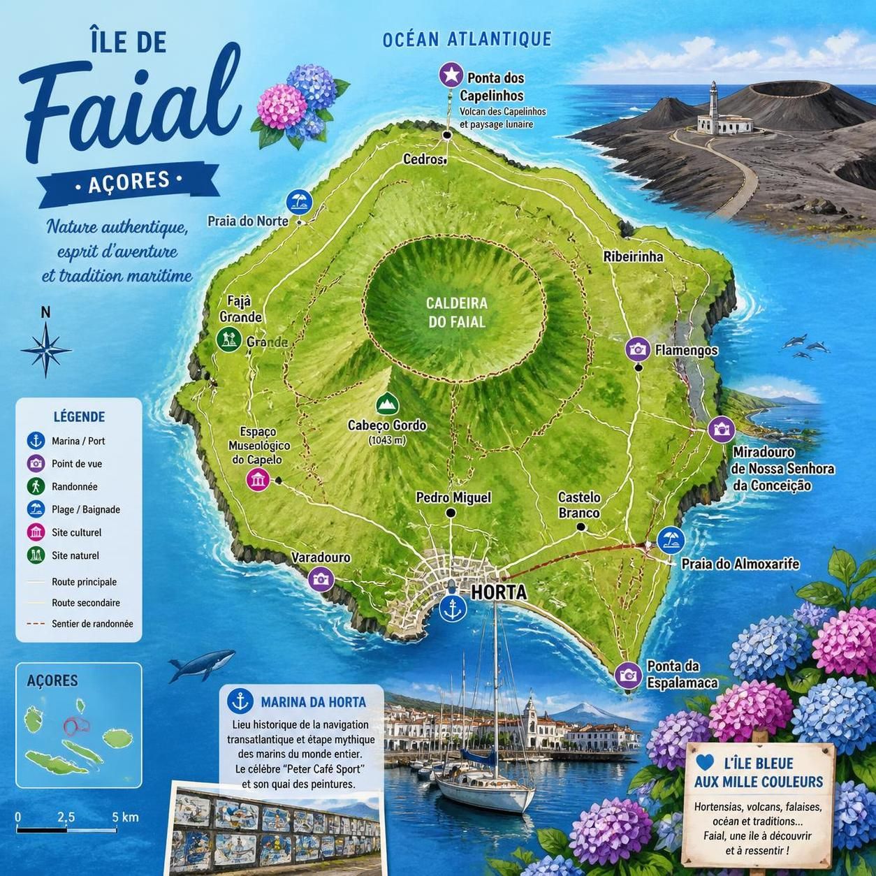 découvrez faial, l'île bleue des açores, célèbre pour son vibrant port d'horta où les marins transatlantiques laissent leurs emblèmes, un lieu chargé d'histoire et de traditions maritimes.