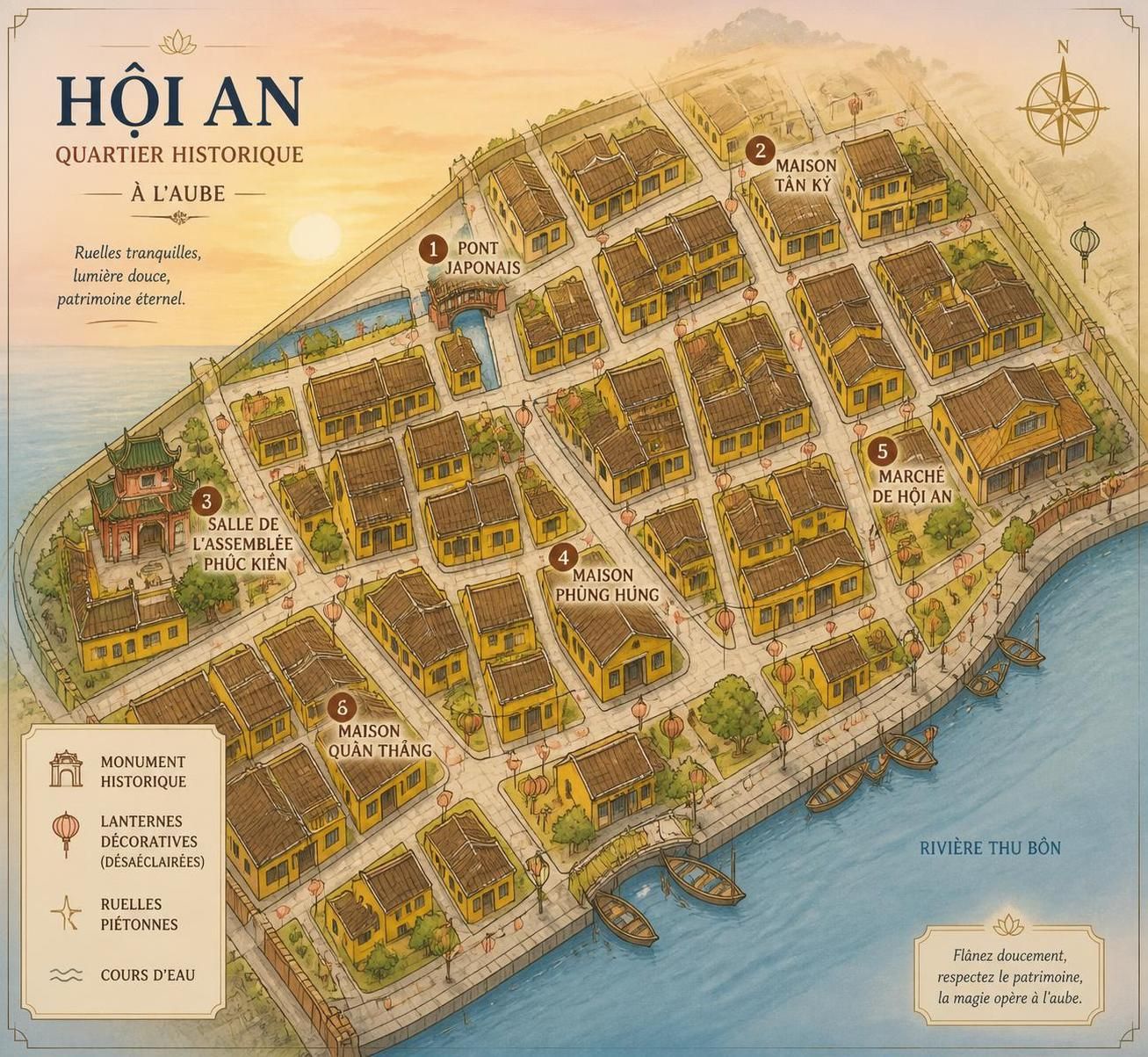 découvrez hoi an à l'aube, lorsque les ruelles paisibles du quartier historique vietnamien s'éveillent doucement, avant l'arrivée des premiers groupes et l'illumination des lanternes colorées.