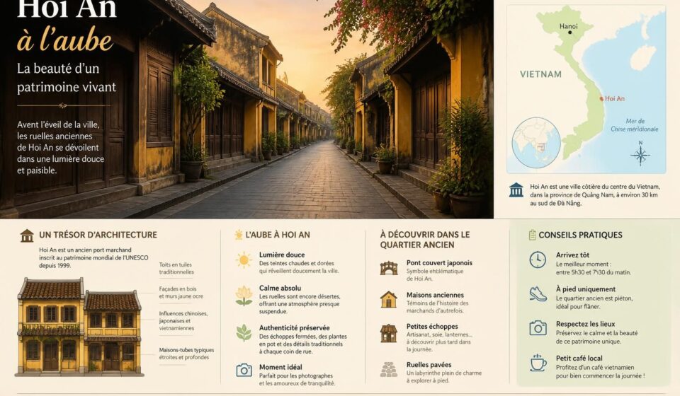 découvrez hoi an à l'aube, lorsque les ruelles du quartier historique vietnamien restent calmes avant l'arrivée des premiers visiteurs et l'illumination des lanternes colorées.