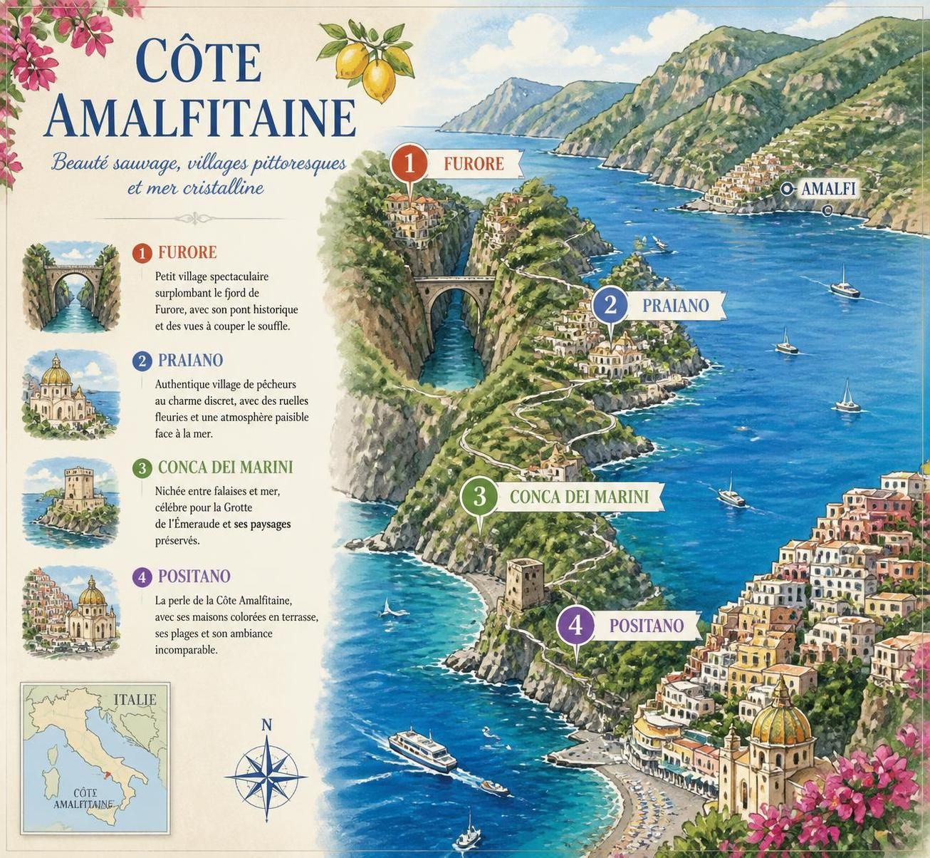 découvrez la côte amalfitaine moins fréquentée avec furore, praiano et conca dei marini, des joyaux cachés à explorer pendant que positano accueille les groupes de visiteurs en car.