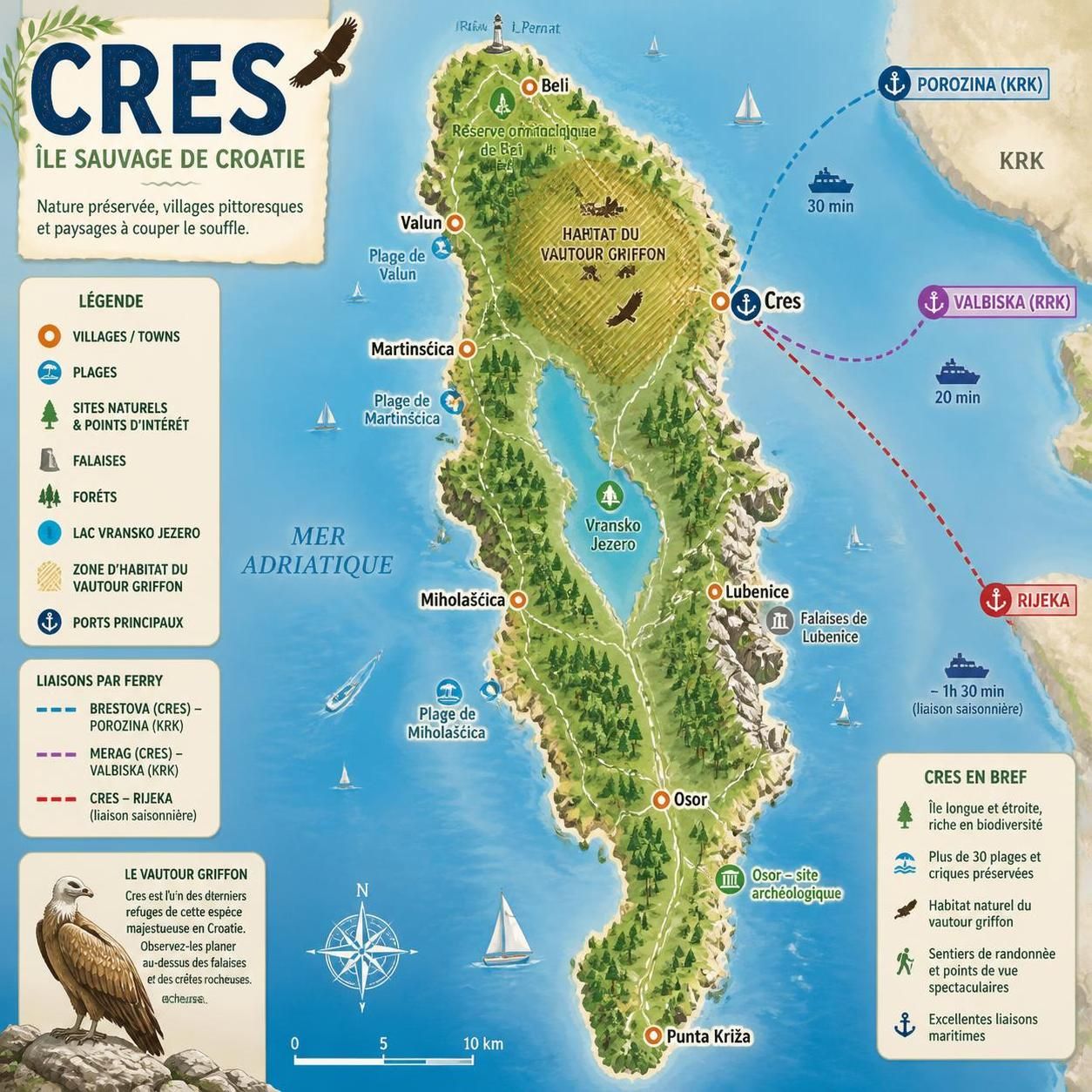 découvrez l'île de cres en croatie, la grande île adriatique méconnue derrière krk, célèbre pour sa nature préservée et ses vautours griffons qui y nichent encore librement.