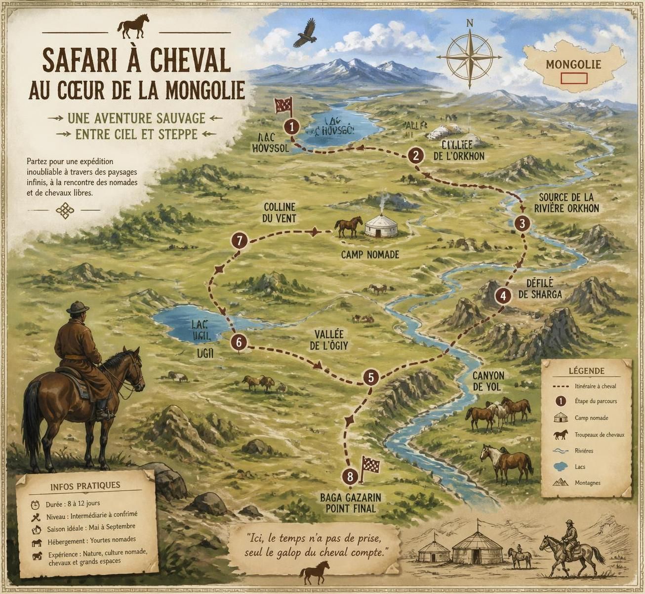 partez en safari à cheval en mongolie et explorez les vastes steppes ainsi que les authentiques campements nomades, loin des yourtes touristiques de l'oulan-bator.