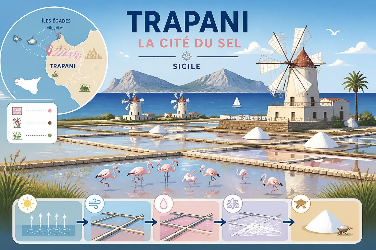 découvrez trapani, la charmante cité sicilienne célèbre pour ses marais habités par des flamants roses, ses moulins à vent traditionnels et l'accès aux magnifiques îles égades, véritables paradis préservés.