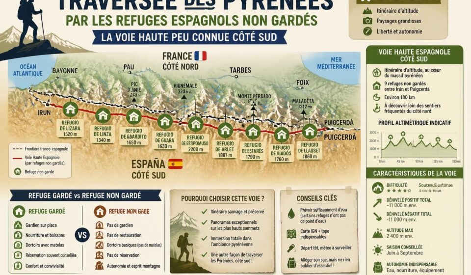 découvrez la traversée des pyrénées par les refuges espagnols non gardés, une voie haute méconnue côté sud, idéale pour les randonneurs français en quête d'aventure et d'authenticité.